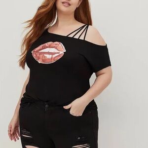 Torrid Strappy Off-shoulder Tee - Super Soft Black- Lips Top